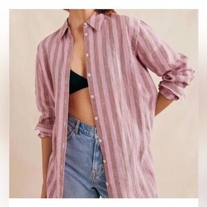 Boden Pink and Gray Over Sized Striped Linen Button Down Shirt - Size 2 Petites